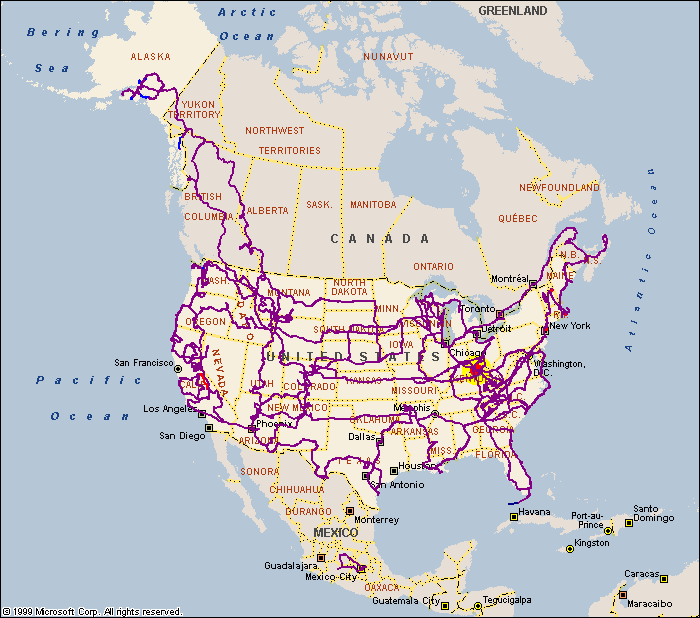 A map of the United States with a line showing our travel route.