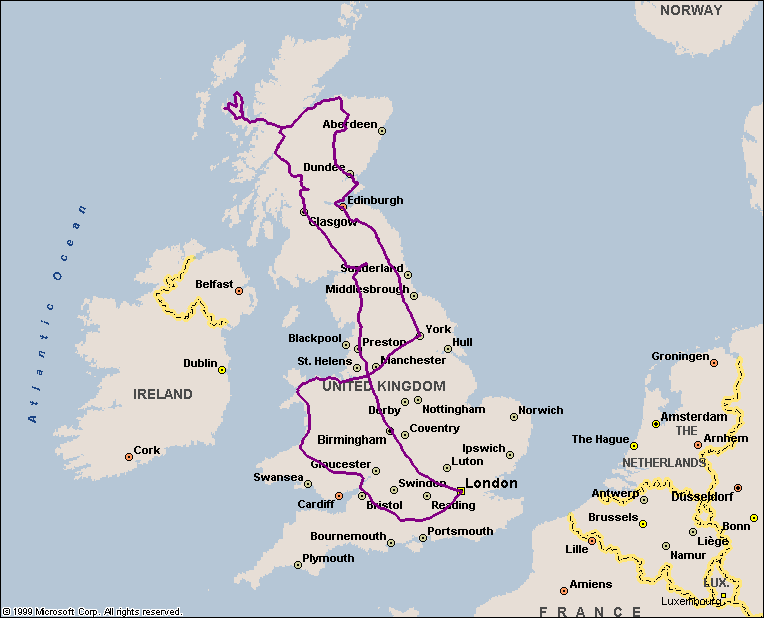 A map of Great Britian with a purple line showing our travel route.